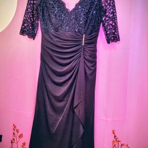 Betsy & Adam Navy Blue Sequin Lace Maxi Dress